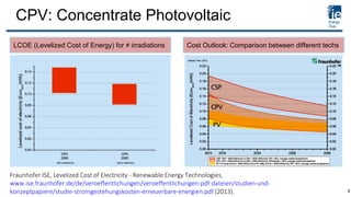 CPV: Concentrate Photovoltaic
Fraunhofer ISE, Levelized Cost of Electricity - Renewable Energy Technologies,
www.ise.fraunhofer.de/de/veroeffentlichungen/veroeffentlichungen-pdf-dateien/studien-und-
konzeptpapiere/studie-stromgestehungskosten-erneuerbare-energien.pdf (2013).
LCOE (Levelized Cost of Energy) for ≠ irradiations Cost Outlook: Comparison between different techs
8
 