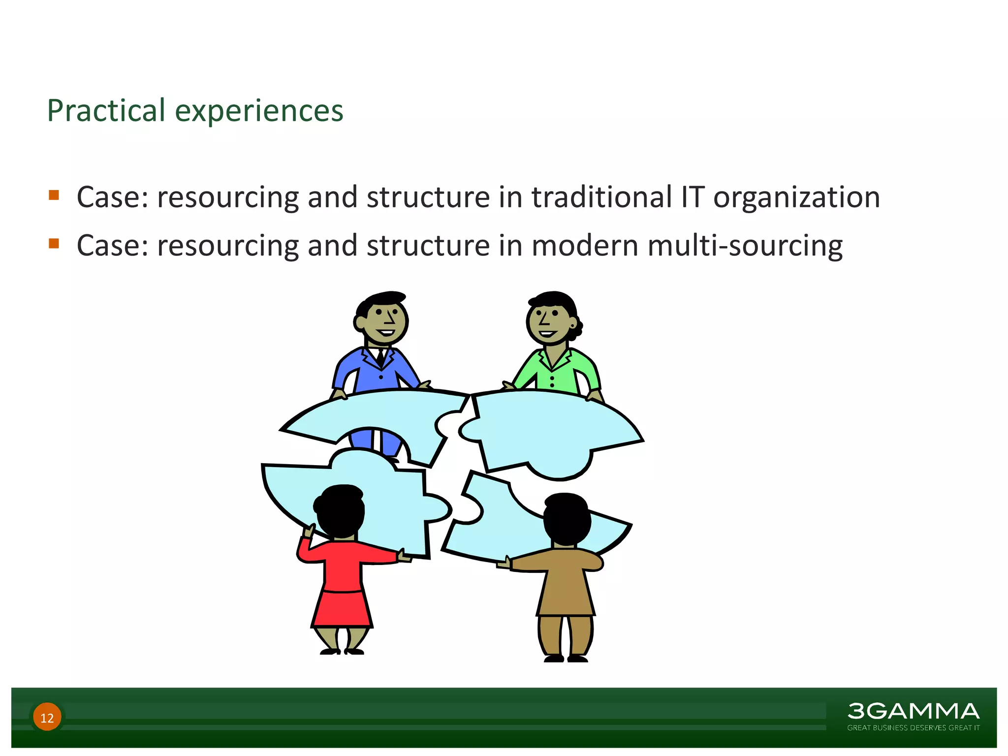 Practical experiences
 Case: resourcing and structure in traditional IT organization
 Case: resourcing and structure in modern multi-sourcing
12
 