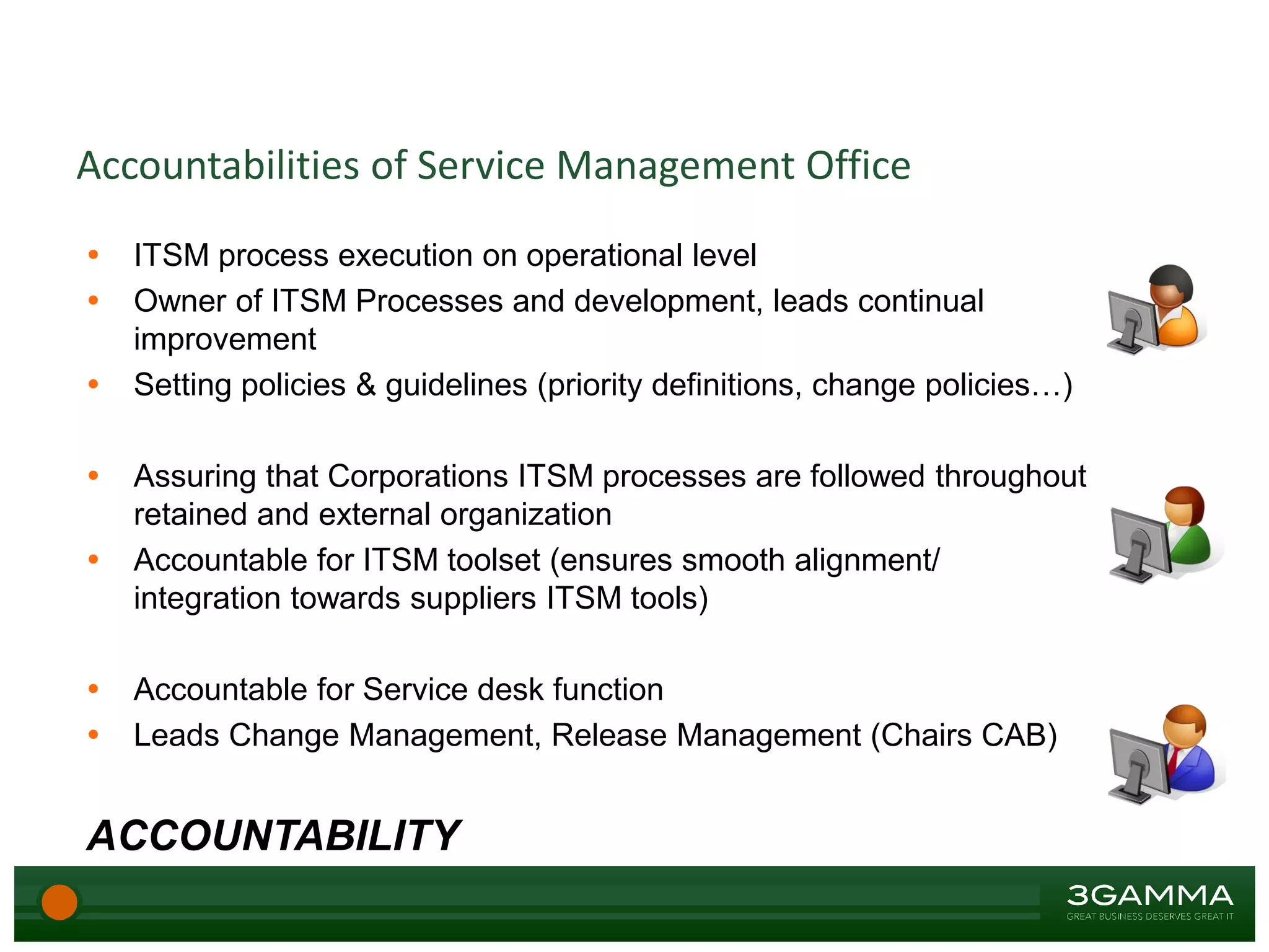 Accountabilities of Service Management Office
 ITSM process execution on operational level
 Owner of ITSM Processes and development, leads continual
improvement
 Setting policies & guidelines (priority definitions, change policies…)
 Assuring that Corporations ITSM processes are followed throughout
retained and external organization
 Accountable for ITSM toolset (ensures smooth alignment/
integration towards suppliers ITSM tools)
 Accountable for Service desk function
 Leads Change Management, Release Management (Chairs CAB)
ACCOUNTABILITY
 