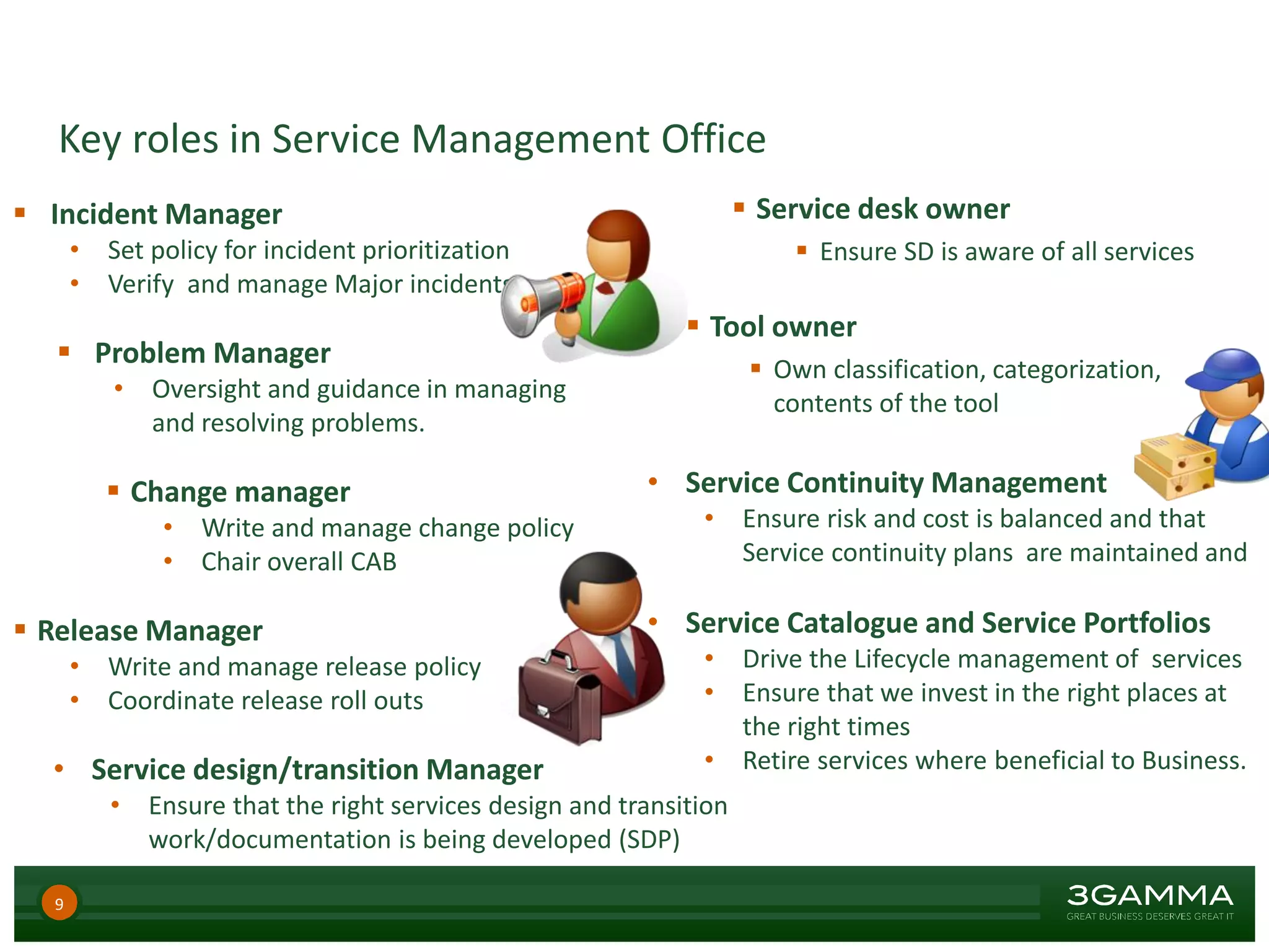 Key roles in Service Management Office
9
 Problem Manager
• Oversight and guidance in managing
and resolving problems.
 Change manager
• Write and manage change policy
• Chair overall CAB
 Release Manager
• Write and manage release policy
• Coordinate release roll outs
• Service design/transition Manager
• Ensure that the right services design and transition
work/documentation is being developed (SDP)
• Service Continuity Management
• Ensure risk and cost is balanced and that
Service continuity plans are maintained and
• Service Catalogue and Service Portfolios
• Drive the Lifecycle management of services
• Ensure that we invest in the right places at
the right times
• Retire services where beneficial to Business.
 Incident Manager
• Set policy for incident prioritization
• Verify and manage Major incidents
 Service desk owner
 Ensure SD is aware of all services
 Tool owner
 Own classification, categorization,
contents of the tool
 