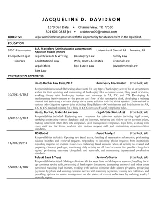 J A C Q U E L I N E D . D A V I D S O N
1379 Dell Dale • Channelview, TX 77530
501-606-0838 (c) • arabhorse99@hotmail.com
OBJECTIVE Legal Administration position with the opportunity for advancement in the legal field.
EDUCATION
5/2018 (Anticipated)
B.A. /Sociology (Criminal Justice Concentration)
Addiction Studies (minor)
University of Central AR Conway, AR
Completed Legal Legal Research & Writing Bankruptcy Law Family Law
Courses Constitutional Law Wills, Trusts & Estates Criminal Law
Legal Ethics Real Estate Law Environmental Law
Tort Law
PROFESSIONAL EXPERIENCE
10/2011-5/2015
Hosto Buchan Law Firm, PLLC Bankruptcy Coordinator Little Rock, AR
Responsibilities included: Reviewing all accounts for any type of bankruptcy activity for all departments
within the firm, updating and maintaining all bankruptcy files in current status, filing proof of claims,
working directly with bankruptcy trustees and attorneys in AR, TX, and TN. Developing &
implementing improvements to the process and flow of the bankruptcy desk, developing a training
manual and facilitating a vendor change to be more efficient with the firms systems. Cross-trained in
various other litigation support jobs including filing Release of Garnishments and Satisfactions in AR,
TX, & TN, received training for e-filing in TX Courts and Federal compliance rules.
6/2010-10/2011
Hosto, Buchan, Prater & Lawrence Legal Collections Asst Little Rock, AR
Responsibilities included: Reviewing new accounts for collection activity including legal action,
verifying assets using various databases and the Internet, reviewing and follow up on payment plans,
making settlement offers thru title companies, debt management companies, legal firms, working with
court staff and law firms, working with various support staff, and maintaining department/firm
standards.
12/207-3/2010
FIS Global Fraud Analyst Little Rock, AR
Responsibilities included: Opening new fraud cases, detailing all transaction information, performing
balance transfers and retrieval requests, responding to incoming phone requests from institutions
regarding inquiries on current fraud cases, balancing fraud accounts when all activity has ceased and
preparing close-out packages, monitoring daily activity on all fraud accounts for possible chargeback
rights/ performing necessary chargeback and retrievals, and maintaining departmental production
standards
5/2007-11/2007
Pulaski Bank & Trust Senior Collector Little Rock, AR
Responsibilities included: Making collection calls for over limit and delinquent accounts, handling back-
up customer service calls, processing all bankruptcy documents, contacting attorney’s and other court
personnel regarding legal matters, working with various consumer debt agency programs, processing
payments by phone and assisting customer service with incoming payments, training new collectors, and
providing updates to senior management on the status of current collections by updating weekly/
monthly reports.
 