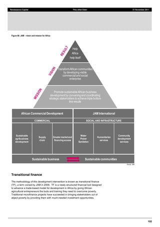 102
Renaissance Capital This other Eden 21 November 2011
Figure 66: JAM vision and mission for Africa
Source:  JAM  
Transitional finance
The methodology of this development intervention is known as transitional finance
(TF), a term coined by JAM in 2009. TF is a newly structured financial tool designed
to advance a trade-based model for development in Africa by giving African
agricultural entrepreneurs the tools and training they need to overcome poverty.
Traditional microfinance projects have succeeded in bringing stakeholders out of
abject poverty by providing them with much-needed investment opportunities.
Help
Africa
help  itself
Transform  African  communities  
by  developing  viable  
commercial  and  social  
enterprise
Promote  sustainable  African  business  
development  by  convening  and  coordinating  
strategic  stakeholders  to  achieve  triple  bottom  
line  results
JAM International
Water
Power
Sanitation
Humanitarian
services
Community
development
services
SOCIAL AND INFRASTRUCTURE
African CommercialDevelopment
Sustainable
agribusiness
development
Supply
chain
Greatermarketand
financing access
COMMERCIAL
Sustainable business Sustainable communities
 