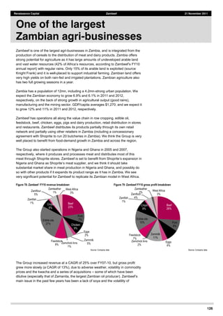 126
Renaissance Capital Zambeef 21 November 2011
Zambeef is one of the largest agri-businesses in Zambia, and is integrated from the
production of cereals to the distribution of meat and dairy products. Zambia offers
strong potential for agriculture as it has large amounts of undeveloped arable land
annual report) with regular rains. Only 15% of its arable land is exploited (source:
Knight Frank) and it is well-placed to support industrial farming. Zambian land offers
very high yields on both rain-fed and irrigated plantations. Zambian agriculture also
has two full growing seasons in a year.
Zambia has a population of 12mn, including a 4.2mn-strong urban population. We
expect the Zambian economy to grow 6.9% and 6.1% in 2011 and 2012,
respectively, on the back of strong growth in agricultural output (good rains),
manufacturing and the mining sector. GDP/capita averages $1,270, and we expect it
to grow 12% and 11% in 2011 and 2012, respectively.
Zambeef has operations all along the value chain in row cropping, edible oil,
feedstock, beef, chicken, eggs, pigs and dairy production, retail distribution in stores
and restaurants. Zambeef distributes its products partially through its own retail
network and partially using other retailers in Zambia (including a concessionary
agreement with Shoprite to run 20 butcheries in Zambia). We think the Group is very
well placed to benefit from food-demand growth in Zambia and across the region.
The Group also started operations in Nigeria and Ghana in 2005 and 2007,
respectively, where it produces and processes meat and distributes most of this
Nigeria and Ghana as S
substantial market share in meat production in Nigeria and Ghana, and possibly do
so with other products if it expands its product range as it has in Zambia. We see
very significant potential for Zambeef to replicate its Zambian model in West Africa.
Figure 78: Zambeef FY10 revenue breakdown Figure 79: Zambeef FY10 gross profit breakdown
Source:  Company  data      Source:  Company  data  
The Group increased revenue at a CAGR of 25% over FY07-10, but gross profit
grew more slowly (a CAGR of 13%), due to adverse weather, volatility in commodity
prices and the kwacha and a series of acquisitions some of which have been
dilutive (especially
main issue in the past few years has been a lack of soya and the volatility of
Beef  
23%  
Pork  
7%  
Chicken  
9%  
Eggs  
2%  
Zammilk  
5%  Zamchick  Inns  
1%  
Feedstock  
9%  
Edible  oils  
27%  
Crops  
6%  
Zamfish  
1%  
Zamflour  
5%  
Zamleather    
1%  
West  Africa  
3%  
Beef  
26%  
Pork  
8%  
Chicken  
9%  Eggs  
4%  
Zammilk  
11%  
Zamchick  Inns  
2%  
Feedstock  
7%  
Edible  oils  
15%  
Crops  
9%  
Zamfish  
1%  
Zamflour  
4%  
Zamleather    
2%  
West  Africa  
3%  
One of the largest
Zambian agri-businesses
 