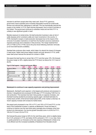 137
Renaissance Capital Zambeef 21 November 2011
reluctant to sell them except when they need cash. Since FY10, generous
government maize subsidies have increased disposable incomes for small-scale
farmers and reduced their willingness to sell beef. This has dramatically reduced the
supply on the market. In FY10, beef volumes decreased, due to a lack of animals on
the market. The government continues to subsidise maize and we think FY11 is
unlikely to see significant growth in beef.
Besides exposure to cereal prices, the beef production business is also at risk of
cattle diseases which constrains cattle and meat movements in the country. In
removal of circulation restrictions on beef from the Southern province (restrictions
imposed previously due to diseases in that province). The margin declined from
37% in FY08 to 27% in FY09, due to the price shock following restriction removals
(a lot more beef became available).
Zambeef also produces other meats, which helps it to absorb the impact of changes
in beef prices. Higher beef prices helped chicken and pork demand in FY10, while
lower beef prices reduced the demand for chicken in 2009.
We expect the beef top-line to remain flat in FY11 and then grow 10%. We forecast
the gross margin at 30%, slightly below the FY10 level, but above the 1H11 level of
26.5%.
Figure 93: Beef segment historical and forecasts, ZMKmn
2007 2008 2009 2010 2011E 2012E 2013E
Revenues,  ZMKmn   134,930   166,222   224,729   202,895   202,895   223,692   246,620  
YoY      23%   35%   -­10%   0%   10%   10%  
%  group  turnover   41%   28%   26%   23%   18%   16%   15%  
Cattle  processed   60,000   60,000   60,000   64,000   64,000   67,200   70,560  
YoY   0%   0%   0%   7%   0%   5%   5%  
Price/beef  processed,  ZMK   2.25   2.77   3.75   3.17   3.20   3.30   3.50  
YoY   0%   23%   35%   -­15%   0%   5%   5%  
Gross  profit   47,065   61,589   60,222   63,320   60,869   67,108   73,986  
gross  margin   35%   37%   27%   31%   30%   30%   30%  
Source:  Company  data,  Renaissance  Capital  estimates  
Masterpork to continue to see capacity expansion and pricing improvement
Zambia. It slaughtered and processed 42,000 pigs in FY10 including 7,000 from its
own production. This business has been rising quickly on capacity increases, and
Zambeef recently doubled its processing capacity again. Zambeef estimates its
market share at 60% of the formal market (about 50% of the market is informal). Its
recent capacity increase will increase its market share.
We expect pork processed to rise 15% in FY11 and 10% in FY12 and FY13, on the
back of the substantial increase in capacity at Masterpork. Prices are likely to
continue to improve over the next three years (average price increases come from
product mix improvement. Our top-line growth forecasts come in at 24% for FY11,
19% for FY12 and 12% for FY13.
We forecast the gross margin at 30% for the next three years, which is slightly below
the 31.2% achieved in FY10, and below 34.6% achieved in 1H11. In our view, there
is upside potential to our forecasts as the new capacity at Masterpork is likely to be
more efficient and the increased availability of feedstock from Novatek should
 