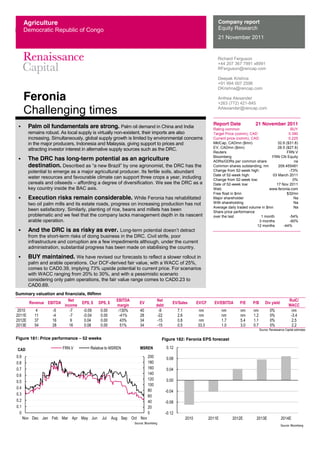 ly
Feronia
Challenging times
Richard Ferguson
+44 207 367 7991 x8991
RFerguson@rencap.com
Deepak Krishna
+91 994 007 2596
DKrishna@rencap.com
Anthea Alexander
+263 (772) 421-845
AAlexander@rencap.com
Company report
Equity Research
21 November 2011
Report Date 21 November 2011
Rating common BUY
Target Price (comm), CAD 0.390
Current price (comm), CAD 0.225
MktCap, CADmn ($mn) 32.6 ($31.8)
EV, CADmn ($mn) 28.5 ($27.8)
Reuters FRN.V
Bloomberg FRN CN Equity
ADRs/GDRs per common share na
Common shares outstanding, mn 209.455481
Change from 52-week high: -73%
Date of 52-week high: 03 March 2011
Change from 52-week low: 0%
Date of 52-week low: 17 Nov 2011
Web: www.feronia.com
Free float in $mn $32mn
Major shareholder Na
With shareholding Na
Average daily traded volume in $mn Na
Share price performance
over the last 1 month -54%
3 months -60%
12 months -44%
Palm oil fundamentals are strong. Palm oil demand in China and India
remains robust. As local supply is virtually non-existent, their imports are also
increasing. Simultaneously, global supply growth is limited by environmental concerns
in the major producers, Indonesia and Malaysia, giving support to prices and
attracting investor interest in alternative supply sources such as the DRC.
The DRC has long-term potential as an agriculture
destination. one agronomist, the DRC has the
potential to emerge as a major agricultural producer. Its fertile soils, abundant
water resources and favourable climate can support three crops a year, including
cereals and oilseeds affording a degree of diversification. We see the DRC as a
key country inside the BAC axis.
Execution risks remain considerable. While Feronia has rehabilitated
two oil palm mills and its estate roads, progress on increasing production has not
been satisfactory. Similarly, planting of rice, beans and millets has been
problematic and we feel that the company lacks management depth in its nascent
arable operation.
And the DRC is as risky as ever. Long-
from the short-term risks of doing business in the DRC. Civil strife, poor
infrastructure and corruption are a few impediments although, under the current
administration, substantial progress has been made on stabilising the country.
BUY maintained. We have revised our forecasts to reflect a slower rollout in
palm and arable operations. Our DCF-derived fair value, with a WACC of 25%,
comes to CAD0.39, implying 73% upside potential to current price. For scenarios
with WACC ranging from 20% to 30%, and with a pessimistic scenario
considering only palm operations, the fair value range comes to CAD0.23 to
CAD0.69.
Summary valuation and financials, INRmn
Revenue EBITDA
Net
income
EPS, $ DPS, $
EBITDA
margin
EV
Net
debt
EV/Sales EV/CF EV/EBITDA P/E P/B Div yield
RoIC/
WACC
2010   4   -­5   -­7   -­0.09   0.00   -­130%   40   -­9   7.1   nm   nm   nm   nm   0%   nm  
2011E   11   -­4   -­7   -­0.04   0.00   -­41%   28   -­22   2.6   nm   nm   nm   1.2   0%   -­3.4  
2012E   37   16   9   0.04   0.00   43%   34   -­15   0.8   nm   1.7   5.4   1.1   0%   2.5  
2013E   54   28   16   0.08   0.00   51%   34   -­15   0.5   33.3   1.0   3.0   0.7   0%   2.2  
   Source:  Renaissance  Capital  estimates  
Figure 181: Price performance 52 weeks
Source:  Bloomberg  
0  
20  
40  
60  
80  
100  
120  
140  
160  
180  
200  
0  
0.1  
0.2  
0.3  
0.4  
0.5  
0.6  
0.7  
0.8  
0.9  
Nov   Dec   Jan   Feb   Mar   Apr   May   Jun   Jul   Aug   Sep   Oct   Nov  
MSRENCAD FRN.V   Relative  to  MSREN  
Figure 182: Feronia EPS forecast
Source:  Bloomberg  
-­0.12  
-­0.08  
-­0.04  
0.00  
0.04  
0.08  
0.12  
2010   2011E   2012E   2013E   2014E  
Agriculture
Democratic Republic of Congo
 