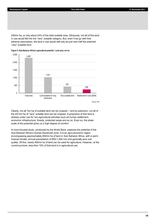 19
Renaissance Capital This other Eden 21 November 2011
236mn ha, or only about 24% of the total suitable area. Obviously, not all of this land
extreme assumption, the land in use would still only be just over half the potential
Figure 5: Sub-­Saharan Africa's agricultural potential -­ Land area, mn ha
Source:  FAO  
Clearly, not all 1bn ha of suitable land can be cropped and by extension, not all of
already under use for non-agricultural activities such as human settlement,
economic infrastructure, forests, protected areas and so on. Even so, the sheer
scale of the potential gives us a high degree of comfort.
A more focused study, conducted by the World Bank, explores the potential of the
Sub- o-economic region
encompassing approximately 600mn ha of land in Sub-Saharan Africa, with a warm
tropical climate, annual precipitation of 800-1,200 mm and generally poor soil
quality. Of this, nearly 400mn ha of land can be used for agriculture. However, at the
current juncture, less than 10% of that land is in agricultural use.
2,287  
1,031  
421  
236  
0  
500  
1,000  
1,500  
2,000  
2,500  
Total  area   Land  suitable  for  crop  
production  
Very  suitable  land   Arable  land  in  use  (2005)  
 