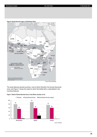 20
Renaissance Capital This other Eden 21 November 2011
Figure 6: Guinea Savannah region in Sub-­Saharan Africa
Source:  IFPRI  via  World  Bank  
The study features several countries, most of which fall within the Guinea Savannah
zone; and Figure 7 shows the extent to which this fertile belt is underutilised in the
countries featured.
Figure 7: Extent of Guinea Savannah area in a few African countries, mn ha
Source:  World  Bank  
79  
91  
75  
54  
58   60  
2  
18  
1  
0  
20  
40  
60  
80  
100  
Mozambique   Nigeria   Zambia  
Total  area   Guinea  Savannah  area   Guinea  Savannah  area  cropped  
 