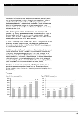 209
Renaissance Capital Karuturi Global 21 November 2011
company reaching 55,000 ha under cereals in Gambella in five years. We believe
such an approach is wise as translating plans into action is particularly difficult in
agriculture. One only has to look at the recent flooding episode to see the
challenges involved. Once Karuturi manages to complete a couple of harvests, we
forecasts, we have not considered revenues from sugar and cotton as those plans
are still in the early stages.
In fact, the management itself has started becoming more circumspect in its
estimates for instance, while the initial plan was to cover the entire 65,000 ha in
Gambella by Oct-Nov 2012, the company now plans to cultivate only about 20-
25,000 ha by Oct-Nov 2012. Karuturi says that it first wants to ensure that its lands
are adequately protected from floods, before expanding.
To ensure it has a ready market to sell its output, Karuturi is trying enter into off-take
agreements with some African countries. The company has already signed a
Memorandum of Understanding with the Republic of Djibouti for annual supplies of
40,000 tonnes at international prices.
A notable development is Karuturi with local farmers
to jointly develop land. The plan is that Karuturi provides the land and necessary
infrastructure, while entrepreneurs grow crops of their choice. Revenues will be
shared and Karuturi will receive 35-40%. This is an alternative operational model
direct production. As we have said elsewhere
in this report, investors in African agriculture will likely employ varied operational
models in an attempt to find the one most suitable to their risk-reward expectations.
model is to be closely watched.
While these are medium-term developments, in the long-term Karuturi plans to
replicate its Ethiopia model in other countries such as Tanzania, Mozambique,
Senegal and Sierra Leone. The company has begun to look at land opportunities in
these countries.
Forecasts
Figure 196: Revenue forecast, INRmn Figure 197: EBITDA forecast, INRmn
Source:  Renaissance  Capital  estimates   Source:  Renaissance  Capital  estimates  
6,387  
7,063  
8,838  
10,898  
13,764  
0  
2,000  
4,000  
6,000  
8,000  
10,000  
12,000  
14,000  
16,000  
2011   2012E   2013E   2014E   2015E  
2,383   2,613  
3,034  
3,679  
4,948  
0  
1,000  
2,000  
3,000  
4,000  
5,000  
6,000  
7,000  
8,000  
2011   2012E   2013E   2014E   2015E  
 