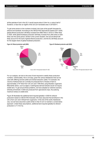 43
Renaissance Capital This other Eden 21 November 2011
all the petroleum fuel in the US. It would require about 3.9mn ha, or about half of
Scotland, or less than an eighth of the US corn harvested area in 2010/2011.
wth forecasts for
ethanol and biodiesel. According to the OECD-FAO Agricultural Outlook 2011-2020,
global ethanol production will likely increase from 99bn litres in 2010 to 155bn litres
in 2020, while global biodiesel production will likely increase from 20bn litres to 42bn
litres over the same period. Similar to the current situation, the US and Brazil will
likely account for the bulk of global ethanol production, and the EU will likely account
for the largest share of global biodiesel production.
Figure 34: Ethanol production split (2020) Figure 35: Biodiesel production split (2020)
Source:  OECD-­  FAO  Agricultural  Outlook  2011-­2020   Source:  OECD-­  FAO  Agricultural  Outlook  2011-­2020  
For our analysis, we look to the area of land required to satisfy these production
numbers. Unfortunately, this is not easy, given the various feedstocks that can be
used with differing harvest yields and biofuel extraction yields. For example, the
volume of ethanol that can currently be produced from a hectare of land is
approximately 3,747 litres from US corn and 7,495 litres using Brazilian sugarcane.
Meanwhile others, such as algae or switchgrass-derived biofuels would not require
arable land. To get around these problems, we have adopted an extreme scenario,
whereby all biofuels in 2020 are produced from agricultural crops, thus placing
maximum stress on arable land.
Figure 36 illustrates the additional land required globally in 2020 for ethanol
production based on OECD-FAO forecasts. We have assumed that all ethanol in the
US is from corn and in Brazil from sugarcane. In the rest of the world, feedstocks
vary, but we have assumed a yield similar to that of corn to maintain a conservative
approach. Under these assumptions, additional land required globally for ethanol
production is 11.7mn ha.
US  
41%  
Brazil  
32%  
EU  
11%  
Others  
16%  
EU  
42%  
Argentina  
8%  
US  
10%  
Brazil  
7%  
India  
8%  
Others  
25%  
 