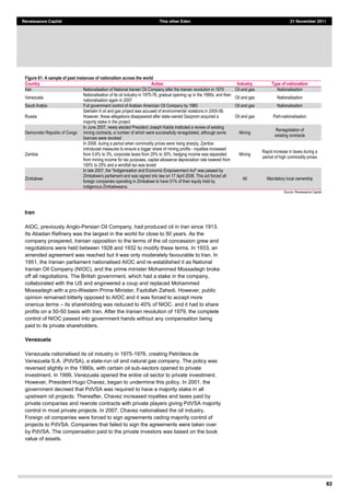 82
Renaissance Capital This other Eden 21 November 2011
Figure 61: A sample of past instances of nationalism across the world
Country Action Industry Type of nationalism
Iran   Nationalisation  of  National  Iranian  Oil  Company  after  the  Iranian  revolution  in  1979   Oil  and  gas   Nationalisation  
Venezuela  
Nationalisation  of  its  oil  industry  in  1975-­76;;  gradual  opening  up  in  the  1990s,  and  then  
nationalisation  again  in  2007  
Oil  and  gas   Nationalisation  
Saudi  Arabia   Full  government  control  of  Arabian  American  Oil  Company  by  1980   Oil  and  gas   Nationalisation  
Russia  
Sakhalin  II  oil  and  gas  project  was  accused  of  environmental  violations  in  2005-­06.  
However,  these  allegations  disappeared  after  state-­owned  Gazprom  acquired  a  
majority  stake  in  the  project  
Oil  and  gas   Part-­nationalisation  
Democratic  Republic  of  Congo  
In  June  2007,  newly  elected  President  Joseph  Kabila  instituted  a  review  of  existing  
mining  contracts,  a  number  of  which  were  successfully  renegotiated,  although  some  
licences  were  revoked  
Mining  
Renegotiation  of    
existing  contracts  
Zambia  
In  2008,  during  a  period  when  commodity  prices  were  rising  sharply,  Zambia  
introduced  measures  to  ensure  a  bigger  share  of  mining  profits  -­  royalties  increased  
from  0.6%  to  3%,  corporate  taxes  from  25%  to  30%,  hedging  income  was  separated  
from  mining  income  for  tax  purposes,  capital  allowance  depreciation  rate  lowered  from  
100%  to  25%  and  a  windfall  tax  was  levied  
Mining  
Rapid  increase  in  taxes  during  a    
period  of  high  commodity  prices  
Zimbabwe  
In  late  2007,  the  "Indigenisation  and  Economic  Empowerment  Act"  was  passed  by  
Zimbabwe's  parliament  and  was  signed  into  law  on  17  April  2008.  This  act  forced  all  
foreign  companies  operating  in  Zimbabwe  to  have  51%  of  their  equity  held  by  
indigenous  Zimbabweans.  
All   Mandatory  local  ownership  
Source:  Renaissance  Capital  
Iran
AIOC, previously Anglo-Persian Oil Company, had produced oil in Iran since 1913.
Its Abadan Refinery was the largest in the world for close to 50 years. As the
company prospered, Iranian opposition to the terms of the oil concession grew and
negotiations were held between 1928 and 1932 to modify these terms. In 1933, an
amended agreement was reached but it was only moderately favourable to Iran. In
1951, the Iranian parliament nationalised AIOC and re-established it as National
Iranian Oil Company (NIOC), and the prime minister Mohammed Mossadegh broke
off all negotiations. The British government, which had a stake in the company,
collaborated with the US and engineered a coup and replaced Mohammed
Mossadegh with a pro-Western Prime Minister, Fazlollah Zahedi. However, public
opinion remained bitterly opposed to AIOC and it was forced to accept more
onerous terms its shareholding was reduced to 40% of NIOC, and it had to share
profits on a 50-50 basis with Iran. After the Iranian revolution of 1979, the complete
control of NIOC passed into government hands without any compensation being
paid to its private shareholders.
Venezuela
Venezuela nationalised its oil industry in 1975-19
Venezuela S.A. (PdVSA), a state-run oil and natural gas company. The policy was
reversed slightly in the 1990s, with certain oil sub-sectors opened to private
investment. In 1999, Venezuela opened the entire oil sector to private investment.
However, President Hugo Chavez, began to undermine this policy. In 2001, the
government decreed that PdVSA was required to have a majority stake in all
upstream oil projects. Thereafter, Chavez increased royalties and taxes paid by
private companies and rewrote contracts with private players giving PdVSA majority
control in most private projects. In 2007, Chavez nationalised the oil industry.
Foreign oil companies were forced to sign agreements ceding majority control of
projects to PdVSA. Companies that failed to sign the agreements were taken over
by PdVSA. The compensation paid to the private investors was based on the book
value of assets.
 