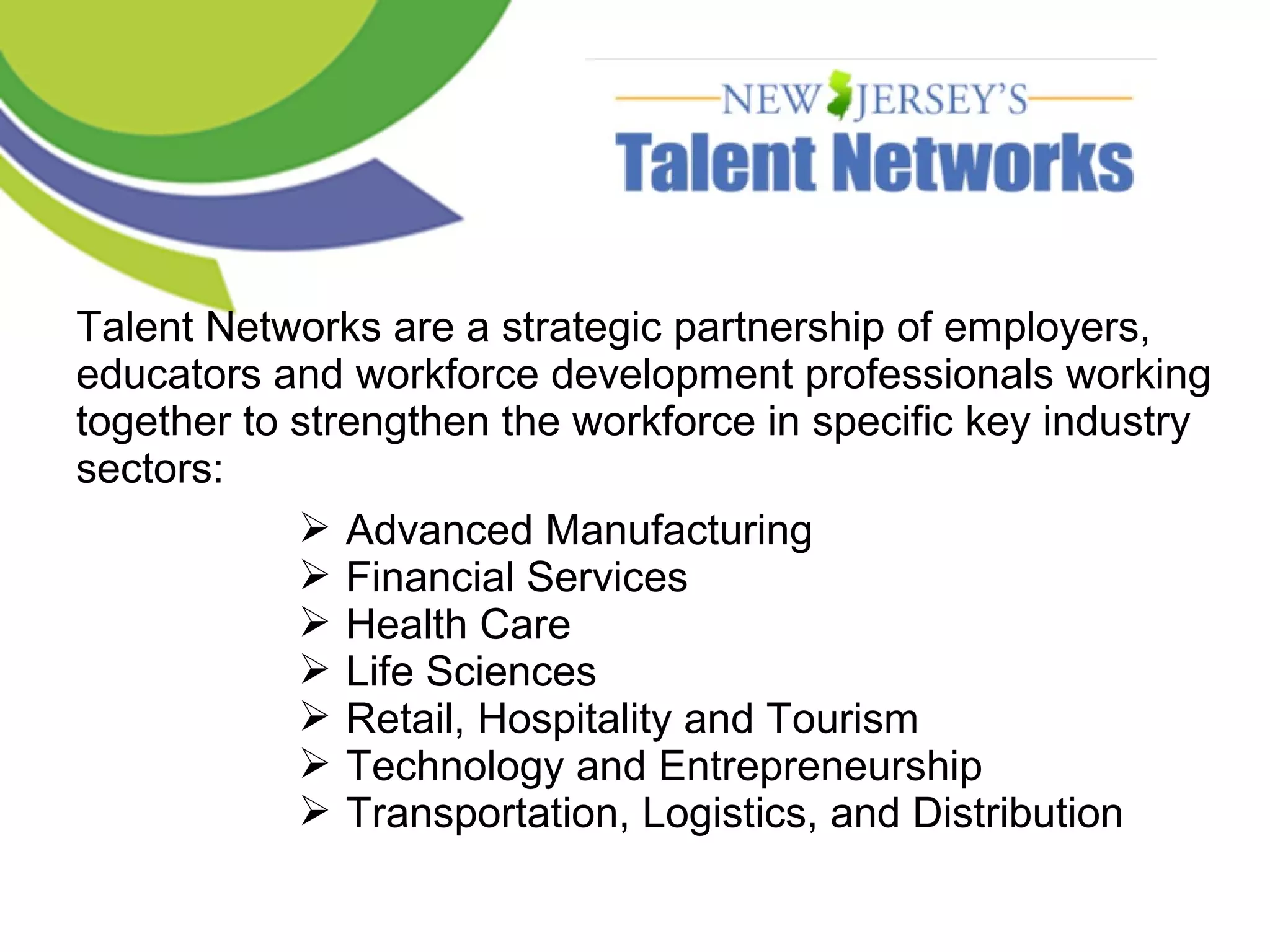 Talent Networks are a strategic partnership of employers,
educators and workforce development professionals working
together to strengthen the workforce in specific key industry
sectors:
 Advanced Manufacturing
 Financial Services
 Health Care
 Life Sciences
 Retail, Hospitality and Tourism
 Technology and Entrepreneurship
 Transportation, Logistics, and Distribution
 
