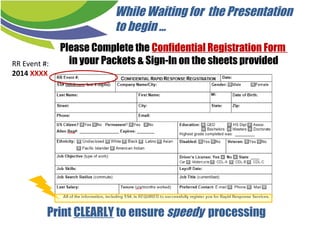 Print CLEARLY to ensure speedy processing
Please Complete the Confidential Registration Form
in your Packets & Sign-In on the sheets provided
While Waiting for the Presentation
to begin …
RR Event #:
2014 XXXX
 
