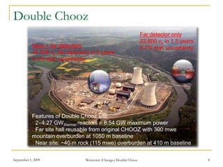 September 1, 2009 Worcester (Chicago) Double Chooz 8
Double Chooz
Features of Double Chooz site:
• 24.27 GWthermal reactors – 8.54 GW maximum power
• Far site hall reusable from original CHOOZ with 300 mwe
mountain overburden at 1050 m baseline
• Near site: ~40 m rock (115 mwe) overburden at 410 m baseline
Far detector only
22,800 νe in 1.5 years
0.7% stat. uncertaintyNear + far detectors
45,600 νe (far detector) in 3 years
0.5% stat. uncertainty
 