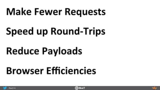 Make	
  Fewer	
  Requests	
  
Speed	
  up	
  Round-­‐Trips	
  
Reduce	
  Payloads	
  
Browser	
  Eﬃciencies	
  
 