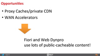 OpportuniIes	
  
• Proxy	
  Caches/private	
  CDN	
  
• WAN	
  Accelerators	
  
	
  
Fiori	
  and	
  Web	
  Dynpro	
  
use	
  lots	
  of	
  public-­‐cacheable	
  content!	
  
 