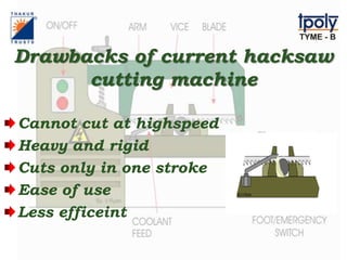 Drawbacks of current hacksaw
cutting machine
Cannot cut at highspeed
Heavy and rigid
Cuts only in one stroke
Ease of use
Less efficeint
 
