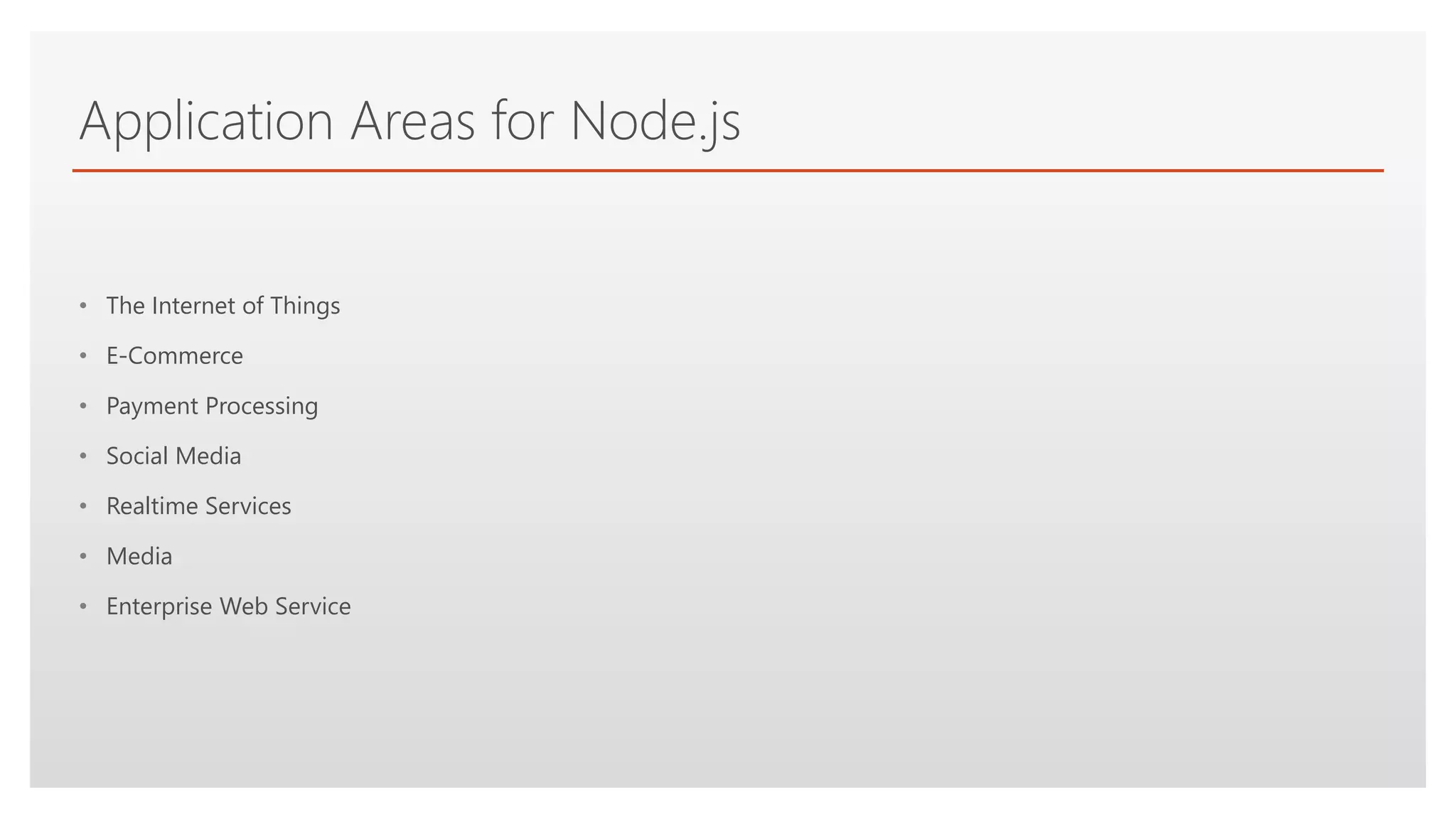 Click to edit Master text styles
Application Areas for Node.js
• The Internet of Things
• E-Commerce
• Payment Processing
• Social Media
• Realtime Services
• Media
• Enterprise Web Service
 