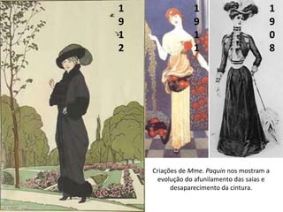 1
9
0
8
1
9
1
1
1
9
1
2
Criações de Mme. Paquin nos mostram a
evolução do afunilamento das saias e
desaparecimento da cintura.
 
