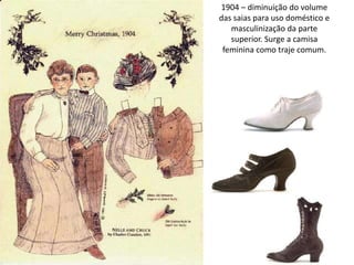 1904 – diminuição do volume
das saias para uso doméstico e
masculinização da parte
superior. Surge a camisa
feminina como traje comum.
 