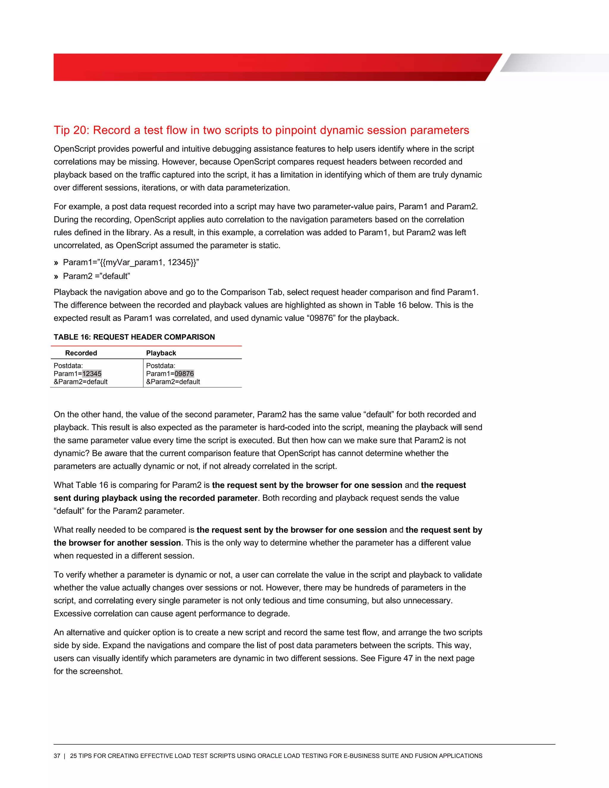 37 | 25 TIPS FOR CREATING EFFECTIVE LOAD TEST SCRIPTS USING ORACLE LOAD TESTING FOR E-BUSINESS SUITE AND FUSION APPLICATIONS
Tip 20: Record a test flow in two scripts to pinpoint dynamic session parameters
OpenScript provides powerful and intuitive debugging assistance features to help users identify where in the script
correlations may be missing. However, because OpenScript compares request headers between recorded and
playback based on the traffic captured into the script, it has a limitation in identifying which of them are truly dynamic
over different sessions, iterations, or with data parameterization.
For example, a post data request recorded into a script may have two parameter-value pairs, Param1 and Param2.
During the recording, OpenScript applies auto correlation to the navigation parameters based on the correlation
rules defined in the library. As a result, in this example, a correlation was added to Param1, but Param2 was left
uncorrelated, as OpenScript assumed the parameter is static.
» Param1=”{{myVar_param1, 12345}}”
» Param2 =”default”
Playback the navigation above and go to the Comparison Tab, select request header comparison and find Param1.
The difference between the recorded and playback values are highlighted as shown in Table 16 below. This is the
expected result as Param1 was correlated, and used dynamic value “09876” for the playback.
TABLE 16: REQUEST HEADER COMPARISON
Recorded Playback
Postdata:
Param1=12345
&Param2=default
Postdata:
Param1=09876
&Param2=default
On the other hand, the value of the second parameter, Param2 has the same value “default” for both recorded and
playback. This result is also expected as the parameter is hard-coded into the script, meaning the playback will send
the same parameter value every time the script is executed. But then how can we make sure that Param2 is not
dynamic? Be aware that the current comparison feature that OpenScript has cannot determine whether the
parameters are actually dynamic or not, if not already correlated in the script.
What Table 16 is comparing for Param2 is the request sent by the browser for one session and the request
sent during playback using the recorded parameter. Both recording and playback request sends the value
“default” for the Param2 parameter.
What really needed to be compared is the request sent by the browser for one session and the request sent by
the browser for another session. This is the only way to determine whether the parameter has a different value
when requested in a different session.
To verify whether a parameter is dynamic or not, a user can correlate the value in the script and playback to validate
whether the value actually changes over sessions or not. However, there may be hundreds of parameters in the
script, and correlating every single parameter is not only tedious and time consuming, but also unnecessary.
Excessive correlation can cause agent performance to degrade.
An alternative and quicker option is to create a new script and record the same test flow, and arrange the two scripts
side by side. Expand the navigations and compare the list of post data parameters between the scripts. This way,
users can visually identify which parameters are dynamic in two different sessions. See Figure 47 in the next page
for the screenshot.
 