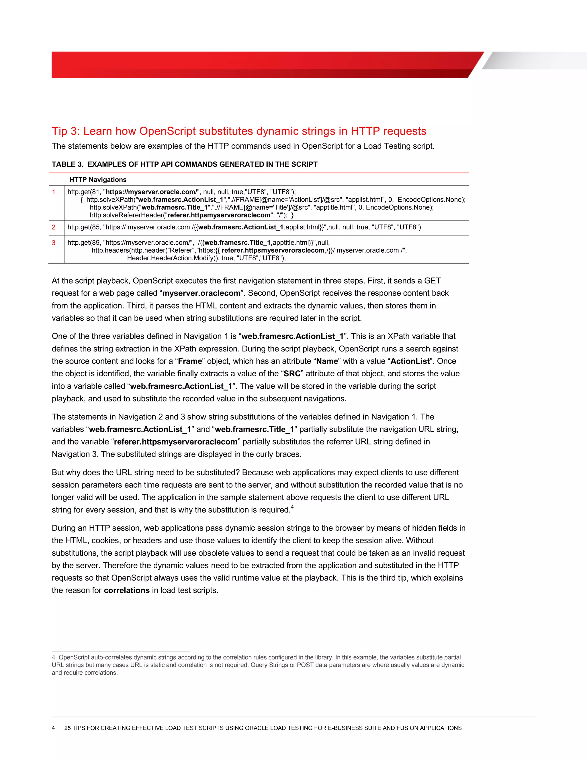 4 | 25 TIPS FOR CREATING EFFECTIVE LOAD TEST SCRIPTS USING ORACLE LOAD TESTING FOR E-BUSINESS SUITE AND FUSION APPLICATIONS
Tip 3: Learn how OpenScript substitutes dynamic strings in HTTP requests
The statements below are examples of the HTTP commands used in OpenScript for a Load Testing script.
TABLE 3. EXAMPLES OF HTTP API COMMANDS GENERATED IN THE SCRIPT
HTTP Navigations
1 http.get(81, "https://myserver.oracle.com/", null, null, true,"UTF8", "UTF8");
{ http.solveXPath("web.framesrc.ActionList_1",".//FRAME[@name='ActionList']/@src", "applist.html", 0, EncodeOptions.None);
http.solveXPath("web.framesrc.Title_1",".//FRAME[@name='Title']/@src", "apptitle.html", 0, EncodeOptions.None);
http.solveRefererHeader("referer.httpsmyserveroraclecom", "/"); }
2 http.get(85, "https:// myserver.oracle.com /{{web.framesrc.ActionList_1,applist.html}}",null, null, true, "UTF8", "UTF8")
3 http.get(89, "https://myserver.oracle.com/", /{{web.framesrc.Title_1,apptitle.html}}",null,
http.headers(http.header("Referer","https:{{ referer.httpsmyserveroraclecom,/}}/ myserver.oracle.com /",
Header.HeaderAction.Modify)), true, "UTF8","UTF8");
At the script playback, OpenScript executes the first navigation statement in three steps. First, it sends a GET
request for a web page called “myserver.oraclecom”. Second, OpenScript receives the response content back
from the application. Third, it parses the HTML content and extracts the dynamic values, then stores them in
variables so that it can be used when string substitutions are required later in the script.
One of the three variables defined in Navigation 1 is “web.framesrc.ActionList_1”. This is an XPath variable that
defines the string extraction in the XPath expression. During the script playback, OpenScript runs a search against
the source content and looks for a “Frame” object, which has an attribute “Name” with a value “ActionList”. Once
the object is identified, the variable finally extracts a value of the “SRC” attribute of that object, and stores the value
into a variable called “web.framesrc.ActionList_1”. The value will be stored in the variable during the script
playback, and used to substitute the recorded value in the subsequent navigations.
The statements in Navigation 2 and 3 show string substitutions of the variables defined in Navigation 1. The
variables “web.framesrc.ActionList_1” and “web.framesrc.Title_1” partially substitute the navigation URL string,
and the variable “referer.httpsmyserveroraclecom” partially substitutes the referrer URL string defined in
Navigation 3. The substituted strings are displayed in the curly braces.
But why does the URL string need to be substituted? Because web applications may expect clients to use different
session parameters each time requests are sent to the server, and without substitution the recorded value that is no
longer valid will be used. The application in the sample statement above requests the client to use different URL
string for every session, and that is why the substitution is required.4
During an HTTP session, web applications pass dynamic session strings to the browser by means of hidden fields in
the HTML, cookies, or headers and use those values to identify the client to keep the session alive. Without
substitutions, the script playback will use obsolete values to send a request that could be taken as an invalid request
by the server. Therefore the dynamic values need to be extracted from the application and substituted in the HTTP
requests so that OpenScript always uses the valid runtime value at the playback. This is the third tip, which explains
the reason for correlations in load test scripts.
4 OpenScript auto-correlates dynamic strings according to the correlation rules configured in the library. In this example, the variables substitute partial
URL strings but many cases URL is static and correlation is not required. Query Strings or POST data parameters are where usually values are dynamic
and require correlations.
 