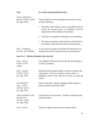 19
Note: In re Smith abrogated Quelle, below.
County of Ozaukee v.
Quelle, 198 Wis. 2d 269 Under the Quelle test the defendant must satisfy the court
(Ct. App. 1995) of all the following:
1. The officer either failed to meet or exceeded the duty to
inform the accused person in compliance with the
requirements of the implied consent statute.
2. The lack or oversupply of information was misleading.
3. The failure to properly inform the driver affected his or
her ability to make the choice about chemical testing.
State v. Piddington A court need not inquire into whether the information was
241 Wis. 2d 754 (2000) properly perceived or understood by the arrested person.
Issue No. 3 – Did the defendant refuse the test?
State v. Neitzel The obligation of the accused is to take the test promptly or
95 Wis. 2d 191 to refuse it promptly.
(1980)
State v. Rydeski Defendant must promptly submit or refuse to submit to the
214 Wis. 2d 101 requested test. There is no right to recant a refusal. A
(Ct. App. 1997) defendant’s offer to later take the test does not undo the
refusal.
343.305(6)(c)3 Failure to provide 2 separate, adequate breath samples in
State v. Grade proper sequence constitutes refusal.
165 Wis. 2d 143
(Ct. App. 1991)
Village of Elkhart Lake v. Verbal refusal is not necessary. Conduct of defendant may
Borzyskowski constitute refusal.
123 Wis. 2d 185
(Ct. App. 1985)
State v. Neitzel There is no right to consult with an attorney before
 