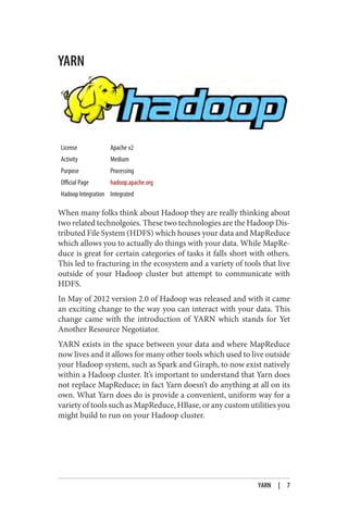 YARN
License Apache v2
Activity Medium
Purpose Processing
Official Page hadoop.apache.org
Hadoop Integration Integrated
When many folks think about Hadoop they are really thinking about
two related technolgoies. These two technologies are the Hadoop Dis‐
tributed File System (HDFS) which houses your data and MapReduce
which allows you to actually do things with your data. While MapRe‐
duce is great for certain categories of tasks it falls short with others.
This led to fracturing in the ecosystem and a variety of tools that live
outside of your Hadoop cluster but attempt to communicate with
HDFS.
In May of 2012 version 2.0 of Hadoop was released and with it came
an exciting change to the way you can interact with your data. This
change came with the introduction of YARN which stands for Yet
Another Resource Negotiator.
YARN exists in the space between your data and where MapReduce
now lives and it allows for many other tools which used to live outside
your Hadoop system, such as Spark and Giraph, to now exist natively
within a Hadoop cluster. It’s important to understand that Yarn does
not replace MapReduce; in fact Yarn doesn’t do anything at all on its
own. What Yarn does do is provide a convenient, uniform way for a
variety of tools such as MapReduce, HBase, or any custom utilities you
might build to run on your Hadoop cluster.
YARN | 7
 