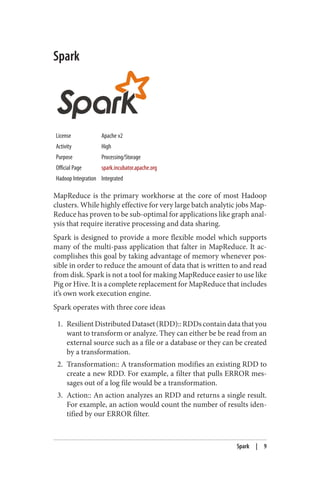 Spark
License Apache v2
Activity High
Purpose Processing/Storage
Official Page spark.incubator.apache.org
Hadoop Integration Integrated
MapReduce is the primary workhorse at the core of most Hadoop
clusters. While highly effective for very large batch analytic jobs Map‐
Reduce has proven to be sub-optimal for applications like graph anal‐
ysis that require iterative processing and data sharing.
Spark is designed to provide a more flexible model which supports
many of the multi-pass application that falter in MapReduce. It ac‐
complishes this goal by taking advantage of memory whenever pos‐
sible in order to reduce the amount of data that is written to and read
from disk. Spark is not a tool for making MapReduce easier to use like
Pig or Hive. It is a complete replacement for MapReduce that includes
it’s own work execution engine.
Spark operates with three core ideas
1. ResilientDistributedDataset(RDD)::RDDscontaindatathatyou
want to transform or analyze. They can either be be read from an
external source such as a file or a database or they can be created
by a transformation.
2. Transformation:: A transformation modifies an existing RDD to
create a new RDD. For example, a filter that pulls ERROR mes‐
sages out of a log file would be a transformation.
3. Action:: An action analyzes an RDD and returns a single result.
For example, an action would count the number of results iden‐
tified by our ERROR filter.
Spark | 9
 
