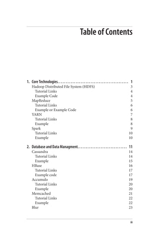 Table of Contents
1. Core Technologies. . . . . . . . . . . . . . . . . . . . . . . . . . . . . . . . . . . . . . . . . . . 1
Hadoop Distributed File System (HDFS) 3
Tutorial Links 4
Example Code 4
MapReduce 5
Tutorial Links 6
Example or Example Code 6
YARN 7
Tutorial Links 8
Example 8
Spark 9
Tutorial Links 10
Example 10
2. Database and Data Managment. . . . . . . . . . . . . . . . . . . . . . . . . . . . . . 11
Cassandra 14
Tutorial Links 14
Example 15
HBase 16
Tutorial Links 17
Example code 17
Accumulo 19
Tutorial Links 20
Example 20
Memcached 21
Tutorial Links 22
Example 22
Blur 23
iii
 