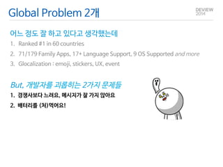 Global Problem 2개 
어느 정도 잘 하고 있다고 생각했는데 
1. Ranked #1 in 60 countries 
2. 71/179 Family Apps, 17+ Language Support, 9 OS Supported and more 
3. Glocalization : emoji, stickers, UX, event 
Q&A 
But, 개발자를 괴롭히는 2가지 문제들 
1. 경쟁사보다 느려요, 메시지가 잘 가지 않아요 
2. 배터리를 (처)먹어요! 
 