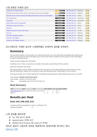 스캔 항목은 아래와 같다
보고서형식은 아래와 같으며 스캔항목별로 상세하게 결과를 보여준다
스캔 결과를 말하자면
 SSL 약한 강도의 암호화
 openssh-server 버전업 요구
 POODLE SSLv3 Protocol CBC ciphers 의 취약점
정도의 결과가 나왔으며 대부분 해결책으로 업데이트를 제시하고 있다
Reference 이동
 