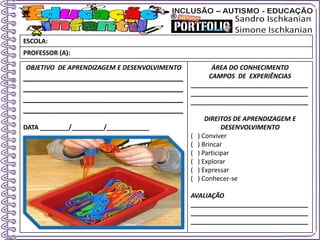 OBJETIVO DE APRENDIZAGEM E DESENVOLVIMENTO
____________________________________
____________________________________
____________________________________
____________________________________
DATA ________/_________/____________
ÁREA DO CONHECIMENTO
CAMPOS DE EXPERIÊNCIAS
_________________________________
_________________________________
_________________________________
DIREITOS DE APRENDIZAGEM E
DESENVOLVIMENTO
( ) Conviver
( ) Brincar
( ) Participar
( ) Explorar
( ) Expressar
( ) Conhecer-se
AVALIAÇÃO
_________________________________
_________________________________
_________________________________
ESCOLA:
PROFESSOR (A):
 