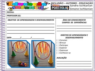OBJETIVO DE APRENDIZAGEM E DESENVOLVIMENTO
____________________________________
____________________________________
____________________________________
____________________________________
DATA ________/_________/____________
ÁREA DO CONHECIMENTO
CAMPOS DE EXPERIÊNCIAS
_________________________________
_________________________________
_________________________________
DIREITOS DE APRENDIZAGEM E
DESENVOLVIMENTO
( ) Conviver
( ) Brincar
( ) Participar
( ) Explorar
( ) Expressar
( ) Conhecer-se
AVALIAÇÃO
_________________________________
_________________________________
_________________________________
ESCOLA:
PROFESSOR (A):
 