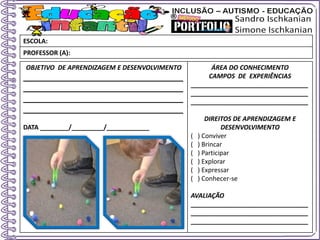 OBJETIVO DE APRENDIZAGEM E DESENVOLVIMENTO
____________________________________
____________________________________
____________________________________
____________________________________
DATA ________/_________/____________
ÁREA DO CONHECIMENTO
CAMPOS DE EXPERIÊNCIAS
_________________________________
_________________________________
_________________________________
DIREITOS DE APRENDIZAGEM E
DESENVOLVIMENTO
( ) Conviver
( ) Brincar
( ) Participar
( ) Explorar
( ) Expressar
( ) Conhecer-se
AVALIAÇÃO
_________________________________
_________________________________
_________________________________
ESCOLA:
PROFESSOR (A):
 