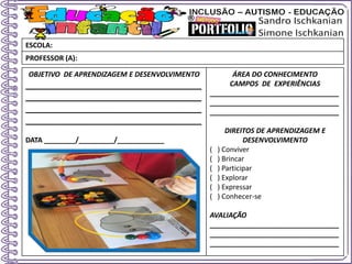 OBJETIVO DE APRENDIZAGEM E DESENVOLVIMENTO
____________________________________
____________________________________
____________________________________
____________________________________
DATA ________/_________/____________
ÁREA DO CONHECIMENTO
CAMPOS DE EXPERIÊNCIAS
_________________________________
_________________________________
_________________________________
DIREITOS DE APRENDIZAGEM E
DESENVOLVIMENTO
( ) Conviver
( ) Brincar
( ) Participar
( ) Explorar
( ) Expressar
( ) Conhecer-se
AVALIAÇÃO
_________________________________
_________________________________
_________________________________
ESCOLA:
PROFESSOR (A):
 
