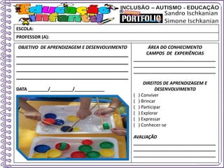OBJETIVO DE APRENDIZAGEM E DESENVOLVIMENTO
____________________________________
____________________________________
____________________________________
____________________________________
DATA ________/_________/____________
ÁREA DO CONHECIMENTO
CAMPOS DE EXPERIÊNCIAS
_________________________________
_________________________________
_________________________________
DIREITOS DE APRENDIZAGEM E
DESENVOLVIMENTO
( ) Conviver
( ) Brincar
( ) Participar
( ) Explorar
( ) Expressar
( ) Conhecer-se
AVALIAÇÃO
_________________________________
_________________________________
_________________________________
ESCOLA:
PROFESSOR (A):
 