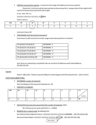  FINDthe incrementforsubnets: incrementisthe range of IPaddressesforeverysubnets.
Checklast1’s bitfromsubnetmaskand derive binaryvalue forit. alwayscheckitfromrightto left
and forits binaryvalue checkfromlefttoright.
In our case, last 1 is,
11111111.11111111.11111111.11100000
Andits value is,
128 64 32 16 8 4 2 1
1 1 1 0 0 0 0 0
IncrementValue=32
 FINDRANGES withthe helpof increament:
So we have to add incrementtocreate rangesandcreate partitionsinnetwork.
172.20.26.0-172.20.26.31 NETWORK - 1
172.20.26.32-172.20.26.63 NETWORK - 2
172.20.26.64-172.20.26.95 NETWORK – 3
172.20.26.96-172.20.26.127 NETWORK – 4
172.20.26.128-172.20.26.159 NETWORK – 5
And,Here our subnettingiscompleted. We canuse these IPaddresseswith SubnetMaskas
255.255.255.224
Type B>
ClassC= 200.2.20.0 Subnetsrequired=50(can’tcreate diagramwith50 networkshere….don’tmind:) )
STEPS FOR SUBNETTING:-
 DETERMINE numberof networks:
Here alreadygiventhatrequirednetworksare = 50.
 CONVERTit to BINARY:
128 64 32 16 8 4 2 1 bits
number
0 0 1 1 0 0 1 0 50
 CALCULATE howmany bitsrequiredforthe numberof networks:6bits
50 in Binarywe can write with6 bitsi.e. =110010
 RESERVE bitsinsubnetmask:By adding6 bits
Our DefaultSubnetMaskforClassC =11111111.11111111.11111111.00000000 (255.255.255.0=/24)
ReservedSubnetMask=11111111.11111111.11111111.11111100 (255.255.255.252=/30)
ReserveBits
 