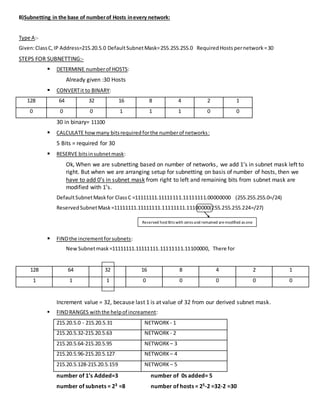 B)Subnetting in the base of numberof Hosts inevery network:
Type A:-
Given:ClassC,IP Address=215.20.5.0 DefaultSubnetMask=255.255.255.0 RequiredHosts pernetwork =30
STEPS FOR SUBNETTING:-
 DETERMINE numberof HOSTS:
Already given :30 Hosts
 CONVERTit to BINARY:
128 64 32 16 8 4 2 1
0 0 0 1 1 1 0 0
30 in binary= 11100
 CALCULATE howmany bitsrequiredforthe numberof networks:
5 Bits = required for 30
 RESERVE bitsinsubnetmask:
Ok, When we are subnetting based on number of networks, we add 1’s in subnet mask left to
right. But when we are arranging setup for subnetting on basis of number of hosts, then we
have to add 0’s in subnet mask from right to left and remaining bits from subnet mask are
modified with 1’s.
DefaultSubnetMaskfor ClassC =11111111.11111111.11111111.00000000 (255.255.255.0=/24)
ReservedSubnetMask=11111111.11111111.11111111.11100000(255.255.255.224=/27)
 FINDthe incrementforsubnets:
New Subnetmask=11111111.11111111.11111111.11100000, There for
128 64 32 16 8 4 2 1
1 1 1 0 0 0 0 0
Increment value = 32, because last 1 is at value of 32 from our derived subnet mask.
 FINDRANGES withthe helpof increament:
215.20.5.0 - 215.20.5.31 NETWORK - 1
215.20.5.32-215.20.5.63 NETWORK - 2
215.20.5.64-215.20.5.95 NETWORK – 3
215.20.5.96-215.20.5.127 NETWORK – 4
215.20.5.128-215.20.5.159 NETWORK – 5
number of 1’s Added=3 number of 0s added= 5
number of subnets = 23 =8 number of hosts = 25-2 =32-2 =30
Reserved hostBits with zeros and remained aremodified as one
 