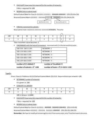  CALCULATE howmany bitsrequiredforthe numberof networks:
9 Bits = required for 500
 RESERVE bitsinsubnetmask:
DefaultSubnetMaskfor ClassB =11111111.11111111. 00000000.00000000 (255.255.0.0=/16)
ReservedSubnetMask=11111111. 11111111.11111110. 00000000 (255.255.254.0=/23)
 FINDthe incrementforsubnets:
New Subnetmask=11111111.11111111.11111110.00000000, There for
128 64 32 16 8 4 2 1
1 1 1 1 1 1 1 0
Then increment value becomes 2.
 FINDRANGES withthe helpof increament: incrementwith 2inthe derivedthirdoctet.
150.1.0.0- 150.1.1.255 NETWORK - 1
150.1.2.0-150.1.3.255 NETWORK - 2
150.1.4.0-150.1.5.255 NETWORK – 3
150.1.6.0-150.1.7.255 NETWORK – 4
150.1.8.0-150.1.9.255 NETWORK – 5
number of 1’s Added=7 number of 0s added= 9
number of subnets = 27 =128 number of hosts = 29-2 =512-2 =510
TypeD>
Given:ClassA,IP Address=10.0.0.0DefaultSubnetMask=255.0.0.0 RequiredHostspernetwork=100
 DETERMINE numberof networks:
It is given i.e. 100
 CONVERTit to BINARY:
128 64 32 16 8 4 2 1
0 1 1 1 0 0 0 0
100 in binary= 1110000
 CALCULATE howmany bitsrequiredforthe numberof networks:
7 Bits = required for 100
 RESERVE bitsinsubnetmask:
DefaultSubnetMaskfor ClassB =11111111. 00000000. 00000000.00000000 (255.0.0.0=/8)
ReservedSubnetMask=11111111. 11111111. 11111111.10000000 (255.255.255.128=/25)
Remember,We have to modifyall remainingbitsinto1from everyoctet,only7 hostbitshave to be zeros.
ReserveBits with 0sModified Bits into 1
 
