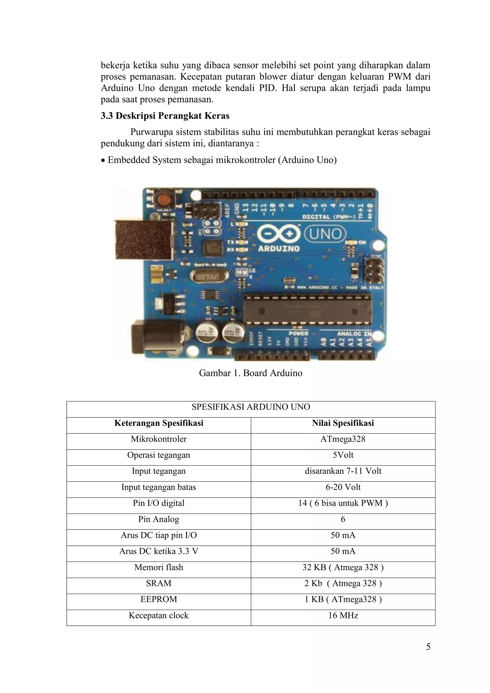 5
bekerja ketika suhu yang dibaca sensor melebihi set point yang diharapkan dalam
proses pemanasan. Kecepatan putaran blower diatur dengan keluaran PWM dari
Arduino Uno dengan metode kendali PID. Hal serupa akan terjadi pada lampu
pada saat proses pemanasan.
3.3 Deskripsi Perangkat Keras
Purwarupa sistem stabilitas suhu ini membutuhkan perangkat keras sebagai
pendukung dari sistem ini, diantaranya :
 Embedded System sebagai mikrokontroler (Arduino Uno)
Gambar 1. Board Arduino
SPESIFIKASI ARDUINO UNO
Keterangan Spesifikasi Nilai Spesifikasi
Mikrokontroler ATmega328
Operasi tegangan 5Volt
Input tegangan disarankan 7-11 Volt
Input tegangan batas 6-20 Volt
Pin I/O digital 14 ( 6 bisa untuk PWM )
Pin Analog 6
Arus DC tiap pin I/O 50 mA
Arus DC ketika 3.3 V 50 mA
Memori flash 32 KB ( Atmega 328 )
SRAM 2 Kb ( Atmega 328 )
EEPROM 1 KB ( ATmega328 )
Kecepatan clock 16 MHz
 