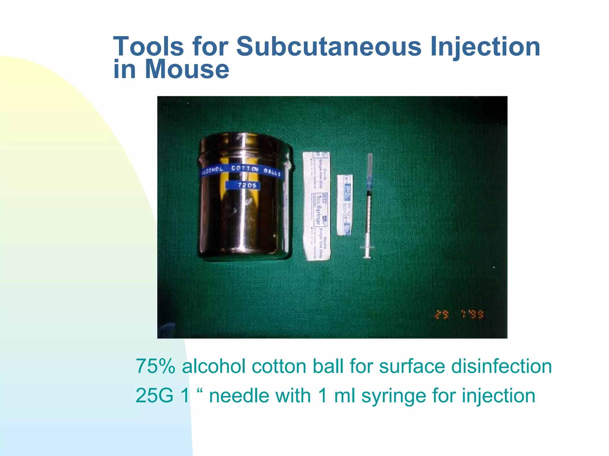 Tools for Subcutaneous Injection
in Mouse
75% alcohol cotton ball for surface disinfection
25G 1 “ needle with 1 ml syringe for injection
 