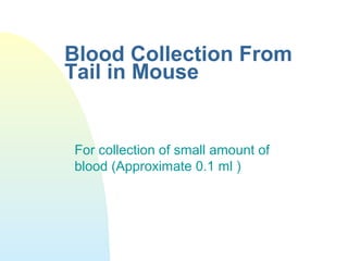 Blood Collection From
Tail in Mouse
For collection of small amount of
blood (Approximate 0.1 ml )
 