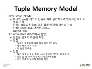 TupleMemory Model 
•Row-store (NSM) 
–하나의row를레코드단위로하여물리적으로연속적인바이트열로저장 
–장점: 레코드단위의쉬운삽입/삭제/업데이트가능 
–단점: I/O의최소단위는레코드 
–OLTP에적합 
•Column-store (DSM에서발젂) 
–컬럼을별도의파일에저장 
–장점 
•필요한컬럼들에대해컬럼단위I/O가능 
•매우빠른읽기성능 
•더높은압축률 
–단점 
•많은컬럼을읽을경우tuple형태로만드는비용이큼 
•파일쓸때여러파일에대해I/O가발생 
•읽기위주의분석적처리에적합  