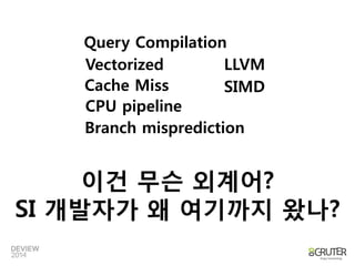 Vectorized 
Query Compilation 
CPU pipeline 
Branch misprediction 
이건무슨외계어? 
SI 개발자가왜여기까지왔나? 
Cache Miss 
SIMD 
LLVM  