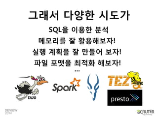 메모리를잘활용해보자! 
실행계획을잘만들어보자! 
파일포맷을최적화해보자! 
... 
그래서다양한시도가 
SQL을이용한분석  