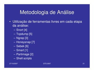 27/10/2007 GTS 2007 21
Metodologia de Análise
• Utilização de ferramentas livres em cada etapa
da análise:
– Snort [4]
– Tcpdump [5]
– Ngrep [3]
– Honeysnap [7]
– Sebek [6]
– Smart [1]
– Partimage [2]
– Shell scripts
 