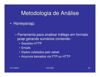 27/10/2007 GTS 2007 25
Metodologia de Análise
• Honeysnap:
– Ferramenta para analisar tráfego em formato
pcap gerando sumários contendo:
• Sessões HTTP
• Emails
• Dados coletados pelo sebek
• Arquivos baixados via FTP ou HTTP
 