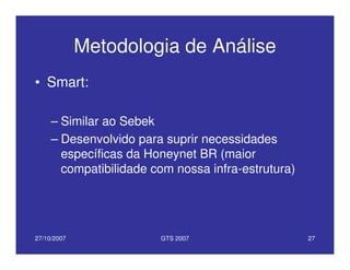 27/10/2007 GTS 2007 27
Metodologia de Análise
• Smart:
– Similar ao Sebek
– Desenvolvido para suprir necessidades
específicas da Honeynet BR (maior
compatibilidade com nossa infra-estrutura)
 