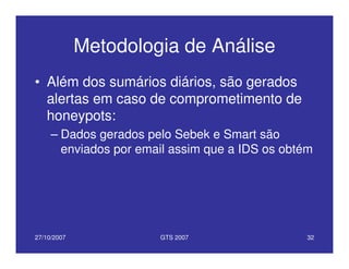 27/10/2007 GTS 2007 32
Metodologia de Análise
• Além dos sumários diários, são gerados
alertas em caso de comprometimento de
honeypots:
– Dados gerados pelo Sebek e Smart são
enviados por email assim que a IDS os obtém
 