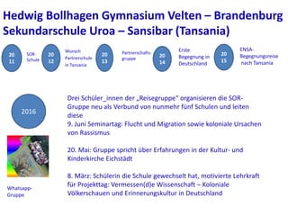 SOR-
Schule
Erste
Begegnung in
Deutschland
20
11
20
13
Wunsch
Partnerschule
in Tansania
20
12
Partnerschafts-
gruppe
20
14...
